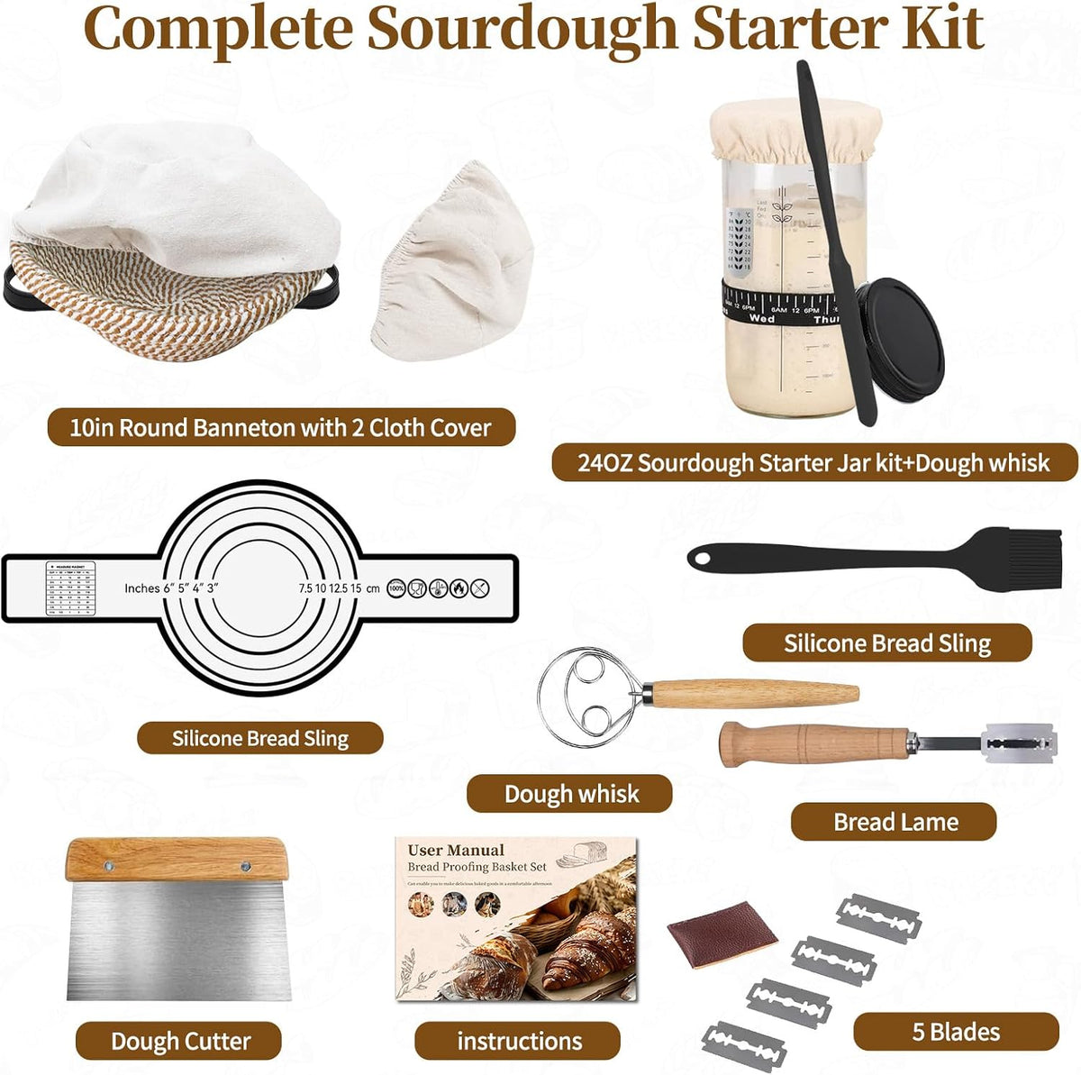 Sourdough Starter Kit 10" Round Banneton Bread Proofing Basket
