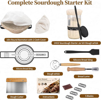 Sourdough Starter Kit 10" Round Banneton Bread Proofing Basket
