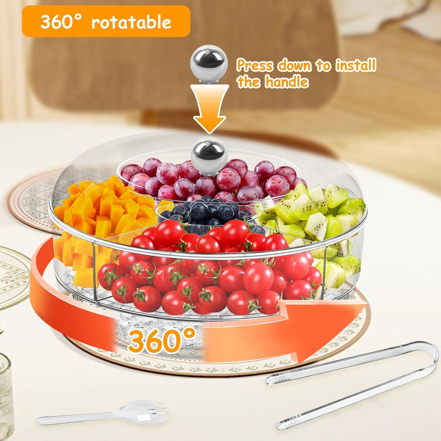 Chilled Serving Tray, Rotating Snack Tray with Lid, Chilled Veggie Tray Clear Fruit Trays for Serving for Party, Snack Box for Shrimp Sushi Appetizer