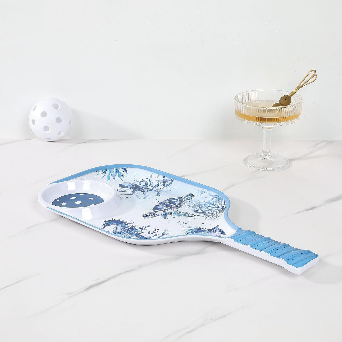 UPware Flamingo Melamine Chip and Dip Snack Tray, Tropical Floral Pickleball Paddle Shape Platter for Chips, Salsa, Fruits, and Appetizers, 15.75 x 8 Inch