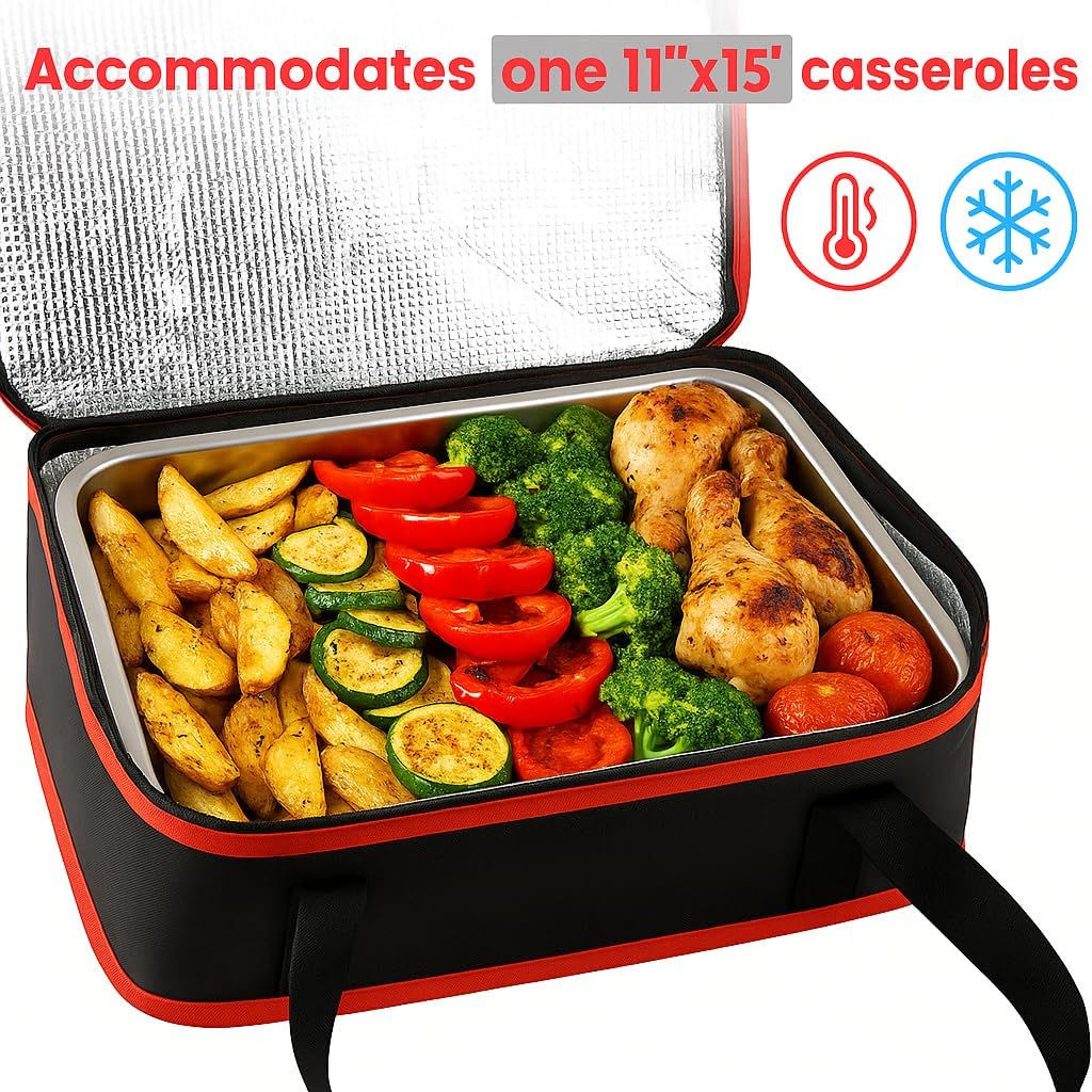 Insulated Resuable Casserole Carrier Bag for Hot or Cold Food, Foldable Portable Prep Carrier, Thermal Food Transport Bag for 9''x13'' & 11''x15'' Baking Pan, Travel Picnic Cake Dessert lunch, Black