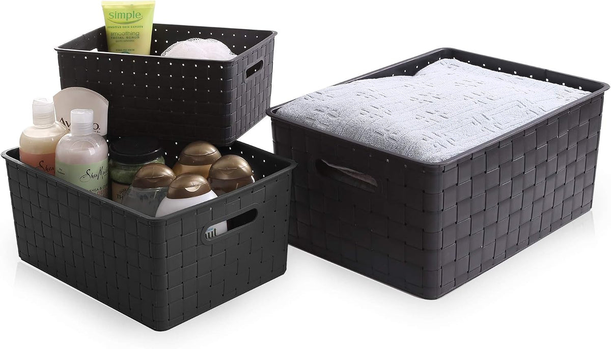 BINO | Plastic Storage Baskets Large - Black | THE STABLE COLLECTION | Multi-Use Storage | Rectangular Cabinet Organizer | Baskets For Organizing with Handles | Home Office Organization and Storage