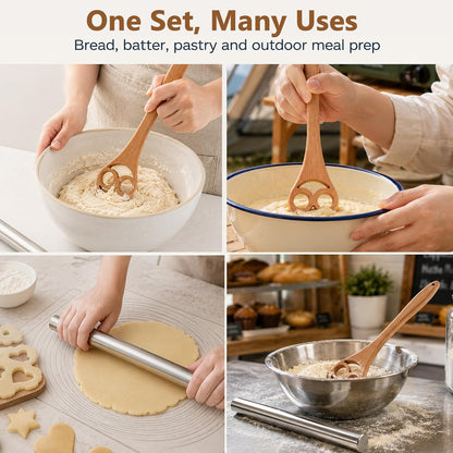 13 Inch Danish Dough Whisk, Wooden Dough Mixer for Sourdough Bread, Batter & Pizza Dough, Kitchen Hand Mixing Tool, Includes Stainless Steel Rolling Pin (Heart Style)
