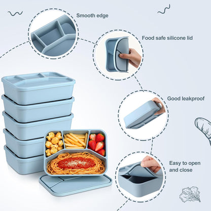 Honeydak 6 Pcs Silicone Bento Box Reusable Lunch Container 4 Compartment Snack Boxes with Lid Smooth LeakProof Rectangle Food Boxes for Adult Work Travel Food Storage (Cute Color)