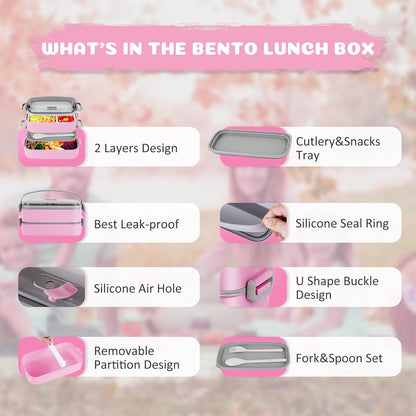 Stainless Steel Bento Box for Adults&Kids,Japanese Leakproof Lunch Box Divided Food Meal Storage Containers Set Stackable 2 Layer for Children School Picnic Beige
