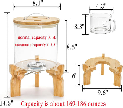 Goaste Glass Rice Dispenser with Bamboo Stand, 5L Flour Cereal Container with Airtight Lid, 8 Lbs Large Grain Food Storage Bucket, Countertop Beans Storage Tank with Measuring Cup & Valve for Dry Food