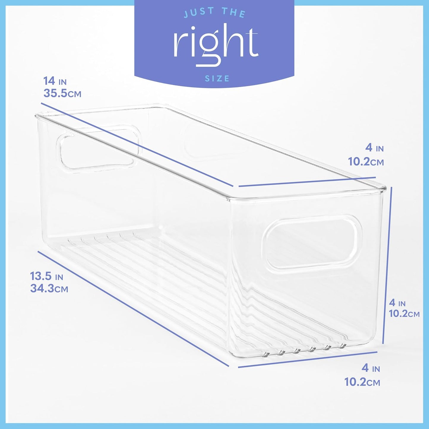 Plastic Food Storage 4 Pack Clear Container Bin with Handles for Organizing Kitchen, Pantry, Refrigerator, Freezer, Pantry, Cabinet, Closet, Bathroom. Stackable 10”x6”x3”