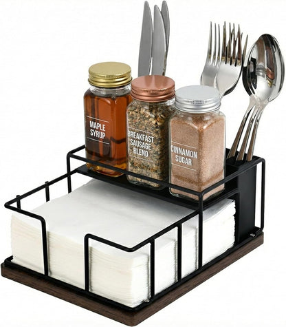 Napkin Holder for Table, 3-in-1 Wood & Metal Utensil Caddy, Cutlery Organizer & Spice Rack for Kitchen Counter, Dining, Outdoor Patio (Black)