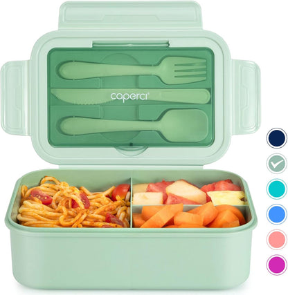 Caperci Classic Bento Box Adult Lunch Box for Older Kids - Leakpoof 47 oz 3-Compartment Lunch Containers for Adults and Teens, Built-in Utensil Set, Ideal for On-the-Go Balanced Eating,Khaki Green