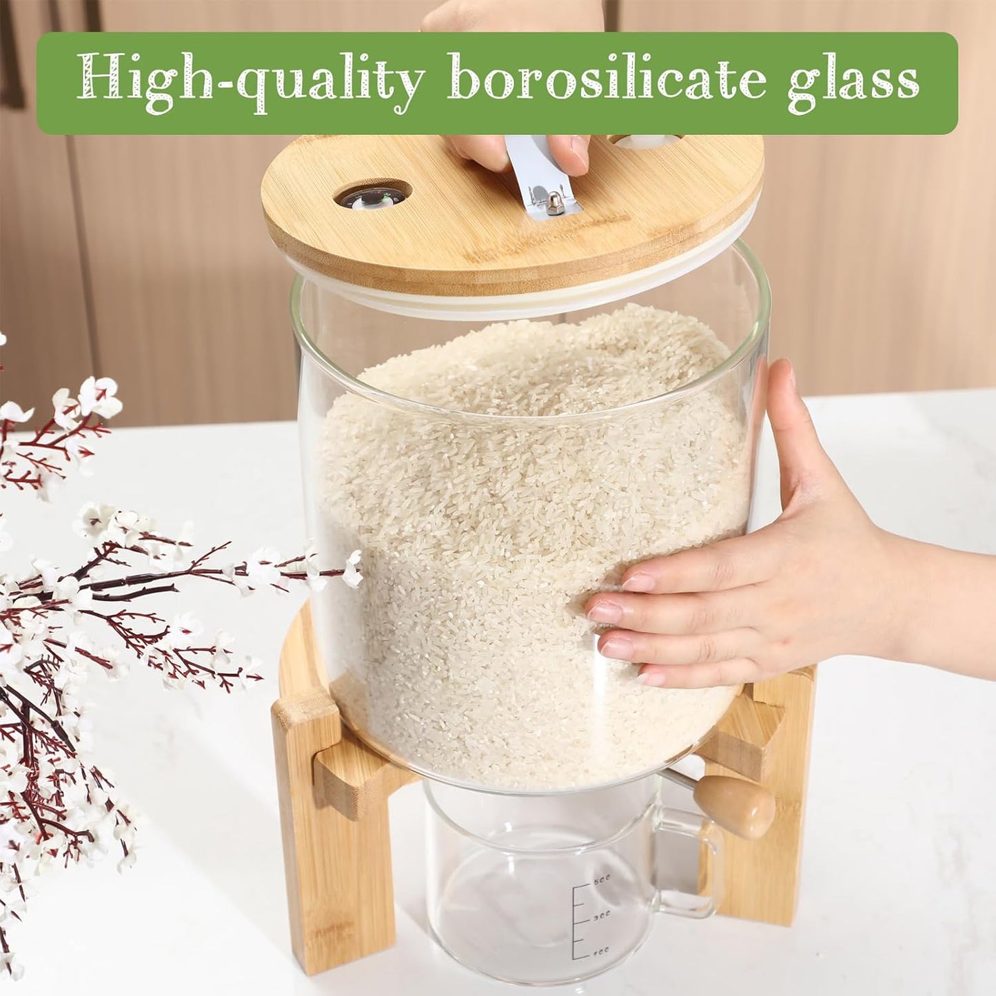 Zhehao 2 Pcs 5L Glass Rice Dispenser Rice Storage Container Flour Cereal Dispenser Container Holder with Wooden Stand Airtight Bamboo Lid and Measuring Cup for Pantry Sugar Coffee Beans Kitchen Food