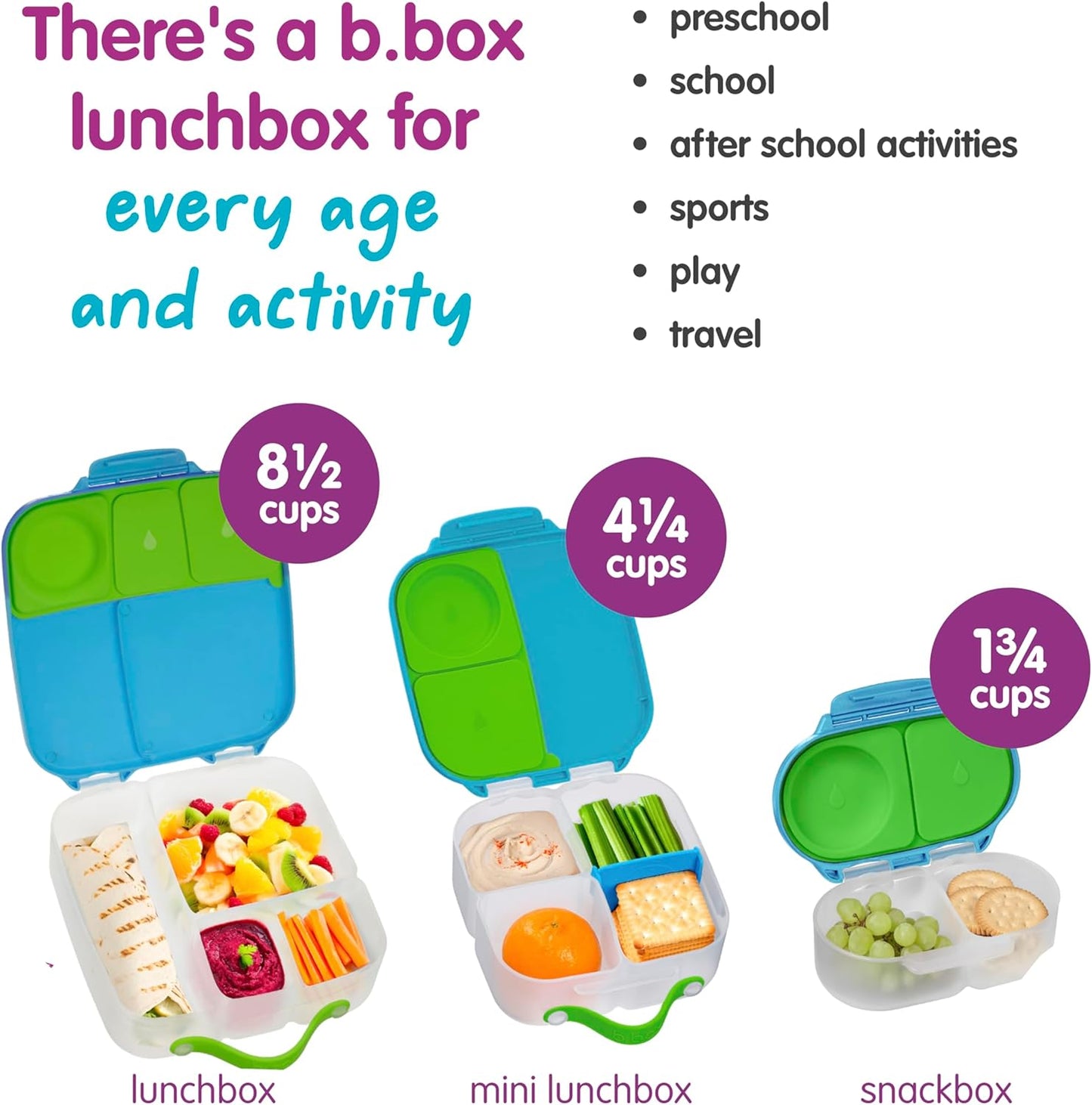 b.box Snack Box 2-Pack - Leak Proof Mini Bento Box for Kids & Toddlers, 2 Compartment Snack Containers for Kids, Dishwasher Safe, BPA-Free, PFAS-Free, Ages 4mo+, 1 3/4 Cup Each (Strawberry + Lilac)