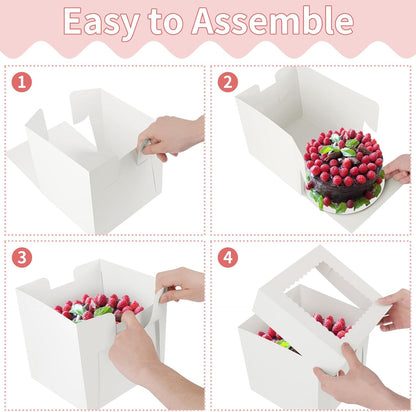 WINKIO 4 Pack Cake Boxes 12 Inch, Disposable Cake Transport Container, Cake Carrier, White Cake Holder with Large Window, for Bakery Cookies Pies Cupcakes Pastry (12×12×8 Inches)