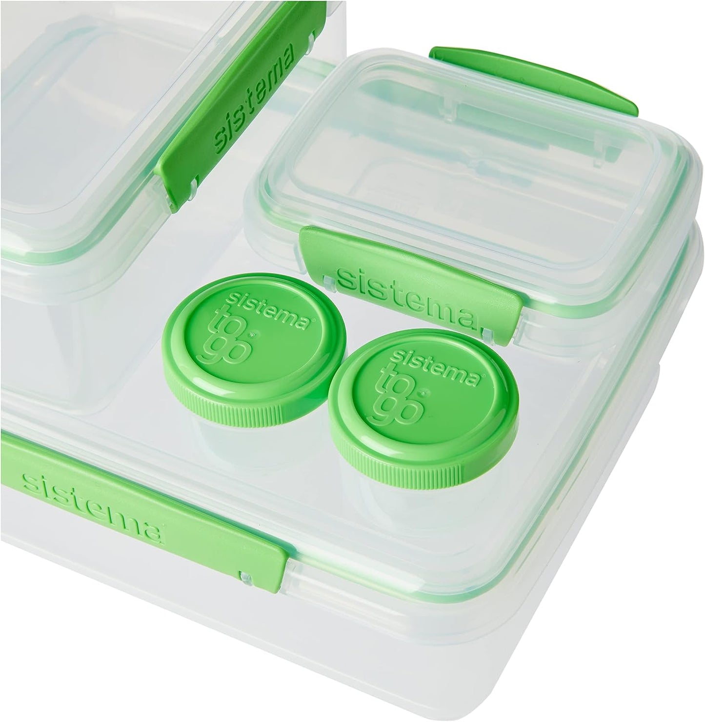 Sistema 6-Piece Food Storage Containers with Salad Dressing and Condiment Containers and Lids for Meal Prep, Dishwasher Safe, Clear/Green
