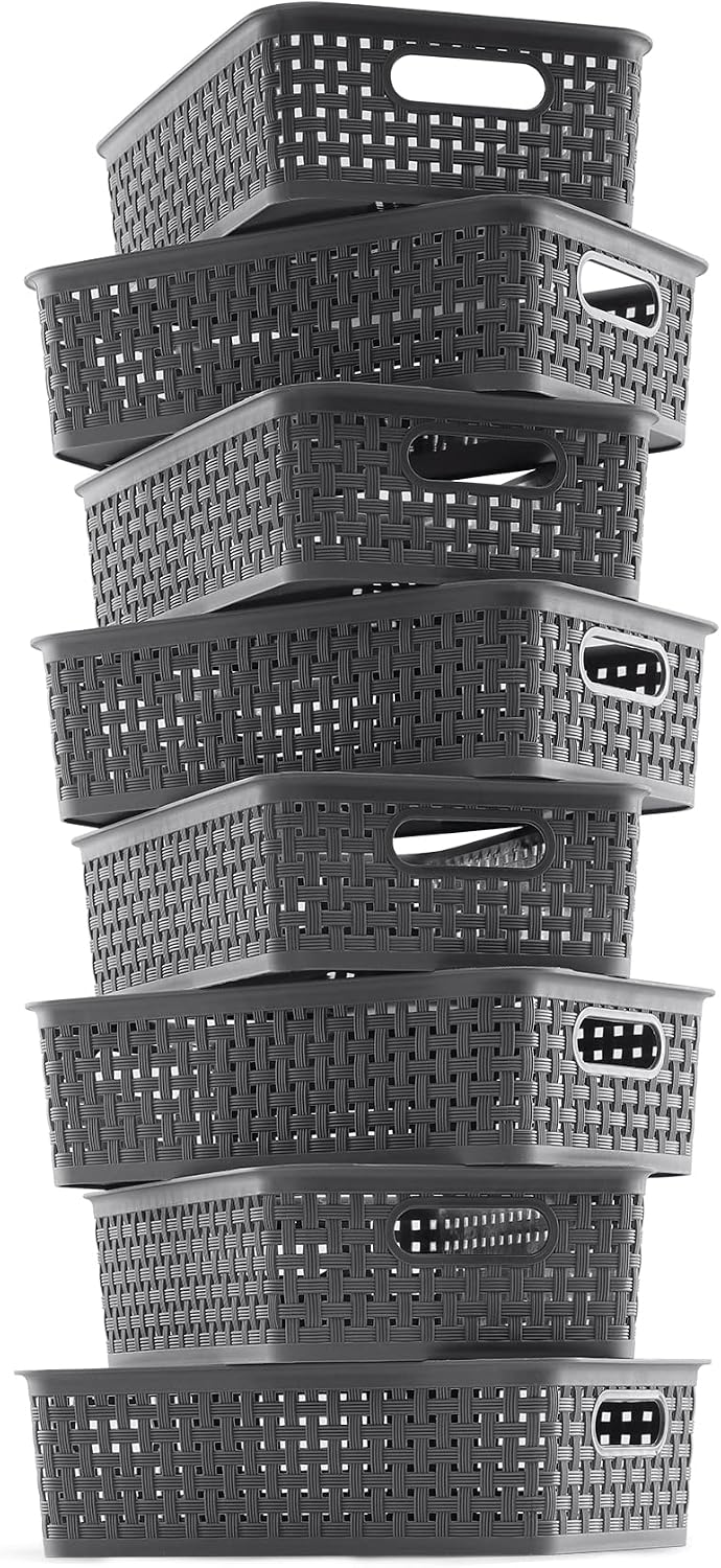 [ 8 Pack ] Plastic Storage Baskets, Small Pantry Organization and Storage Bins, Household Organizers for Laundry Room, Bathrooms, Kitchens, Cabinets, Countertops, Under Sink or Shelves, Black