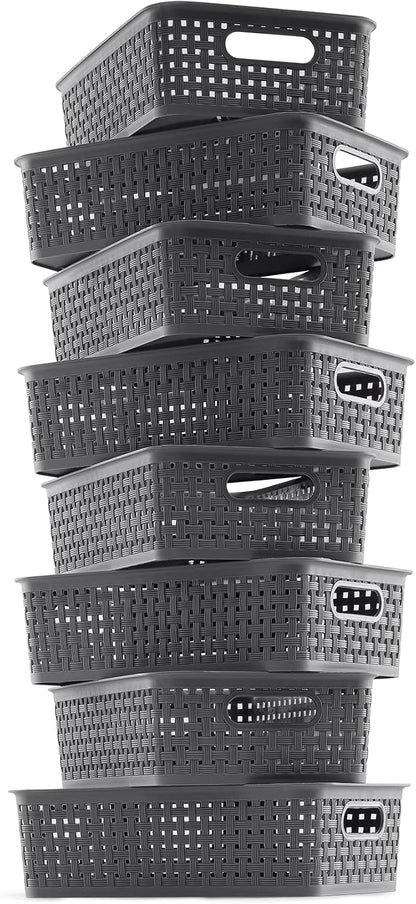 [ 8 Pack ] Plastic Storage Baskets, Small Pantry Organization and Storage Bins, Household Organizers for Laundry Room, Bathrooms, Kitchens, Cabinets, Countertops, Under Sink or Shelves, Black