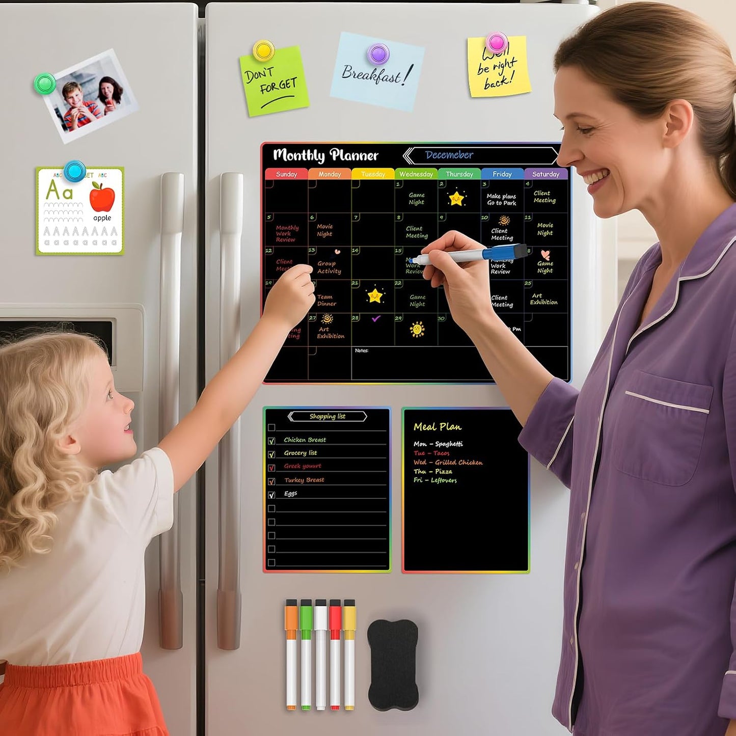 MaxGear 4 Pack Magnetic Fridge Calendar Set, 15" x 11.5" Dry Erase Whiteboard Calendar for Refrigerator, Includes Monthly, Weekly, List and Small Board with 5 Markers, 1 Eraser and 5 Magnets