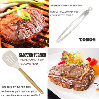 Kitchen Utensils Set- 35 PCs Cooking Utensils with Grater,Tongs, Spoon Spatula &Turner Made of Heat Resistant Food Grade Silicone and Wooden Handles Kitchen Gadgets Tools Set for Nonstick Cookware