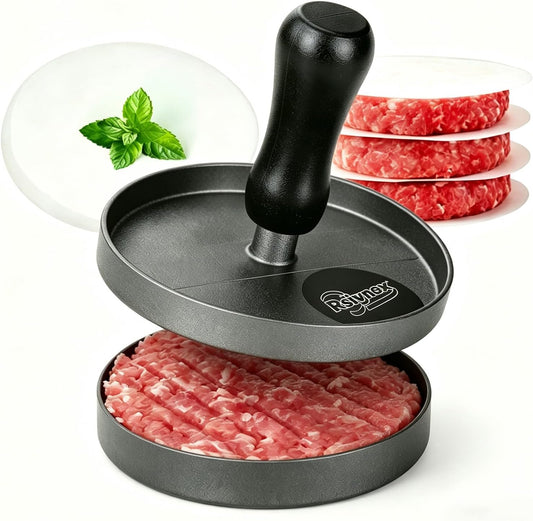 Burger Press Patty Maker, Non-Stick Aluminum Hamburger Mold with 100 Patty Papers for Kitchen Grill BBQ Camping
