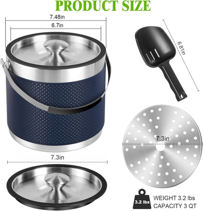 3.2L Double Wall Stainless Steel Ice Bucket with Lid,Scoop, Updated Insulated Ice Bucket for Cocktail Bar and Parties
