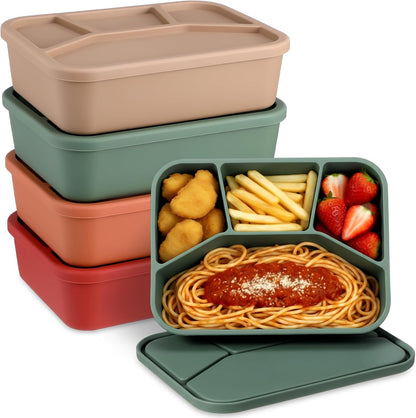 Honeydak 6 Pcs Silicone Bento Box Reusable Lunch Container 4 Compartment Snack Boxes with Lid Smooth LeakProof Rectangle Food Boxes for Adult Work Travel Food Storage (Cute Color)