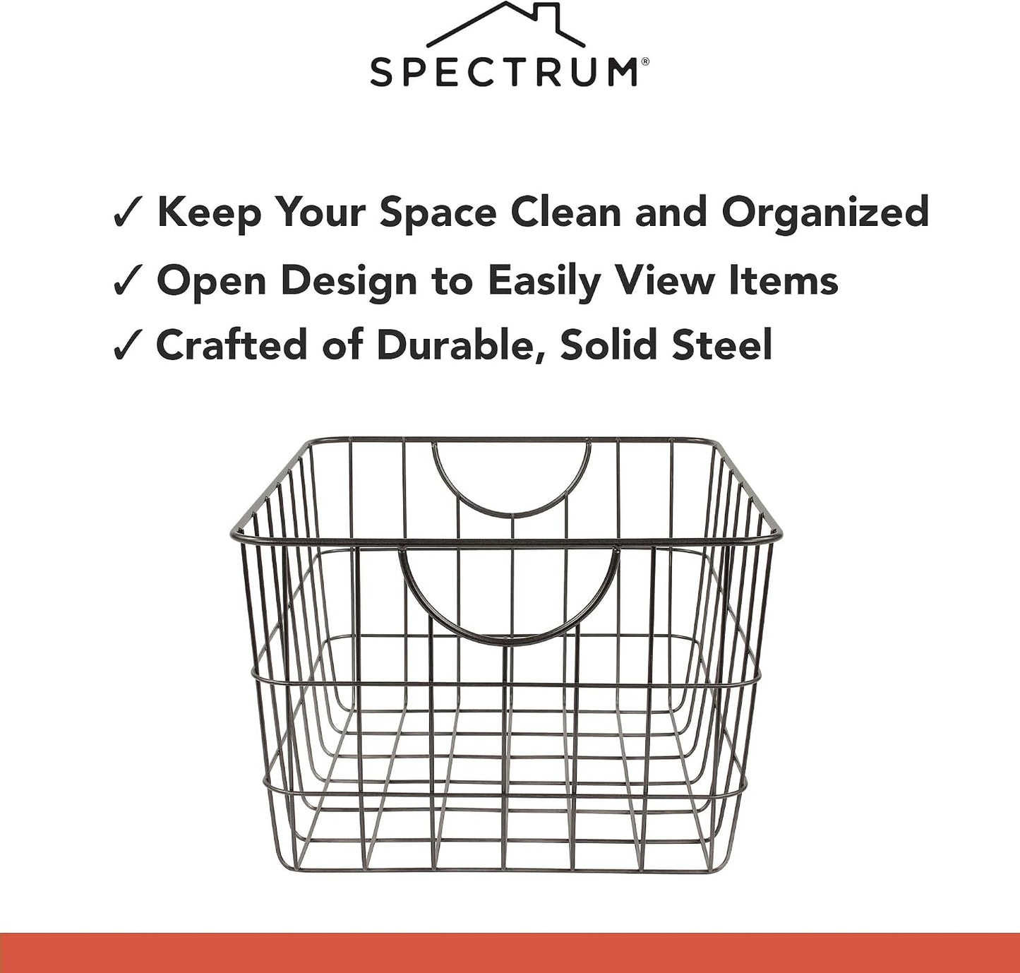 Spectrum Utility Steel Wire Storage Basket for Kitchen Pantry Organization & Closet Shelves with Easy Grip Handles, Durable Metal Basket Organizer with Open Design for Easy Viewing, Industrial Gray