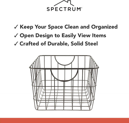 Spectrum Utility Steel Wire Storage Basket for Kitchen Pantry Organization & Closet Shelves with Easy Grip Handles, Durable Metal Basket Organizer with Open Design for Easy Viewing, Industrial Gray