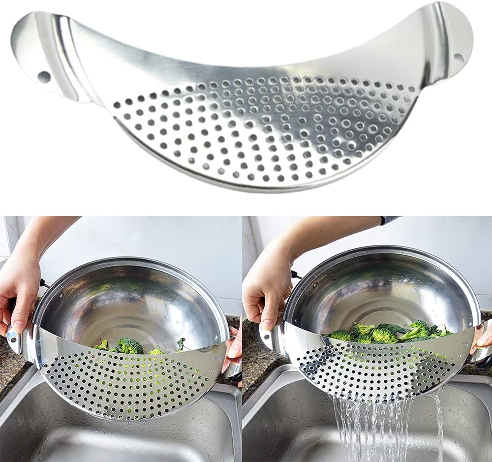 Half‑Moon Stainless Steel Pan Strainer, Pot Drainer for Cookware