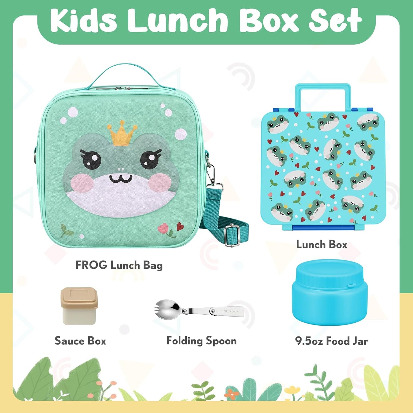 Kids Bento Lunch Box with Thermo, Include 9oz Soup Thermo, Kids Leakproof Lunch Box with 4 Compartment, Insulated Lunch Bag for Girls Boys to School Travel