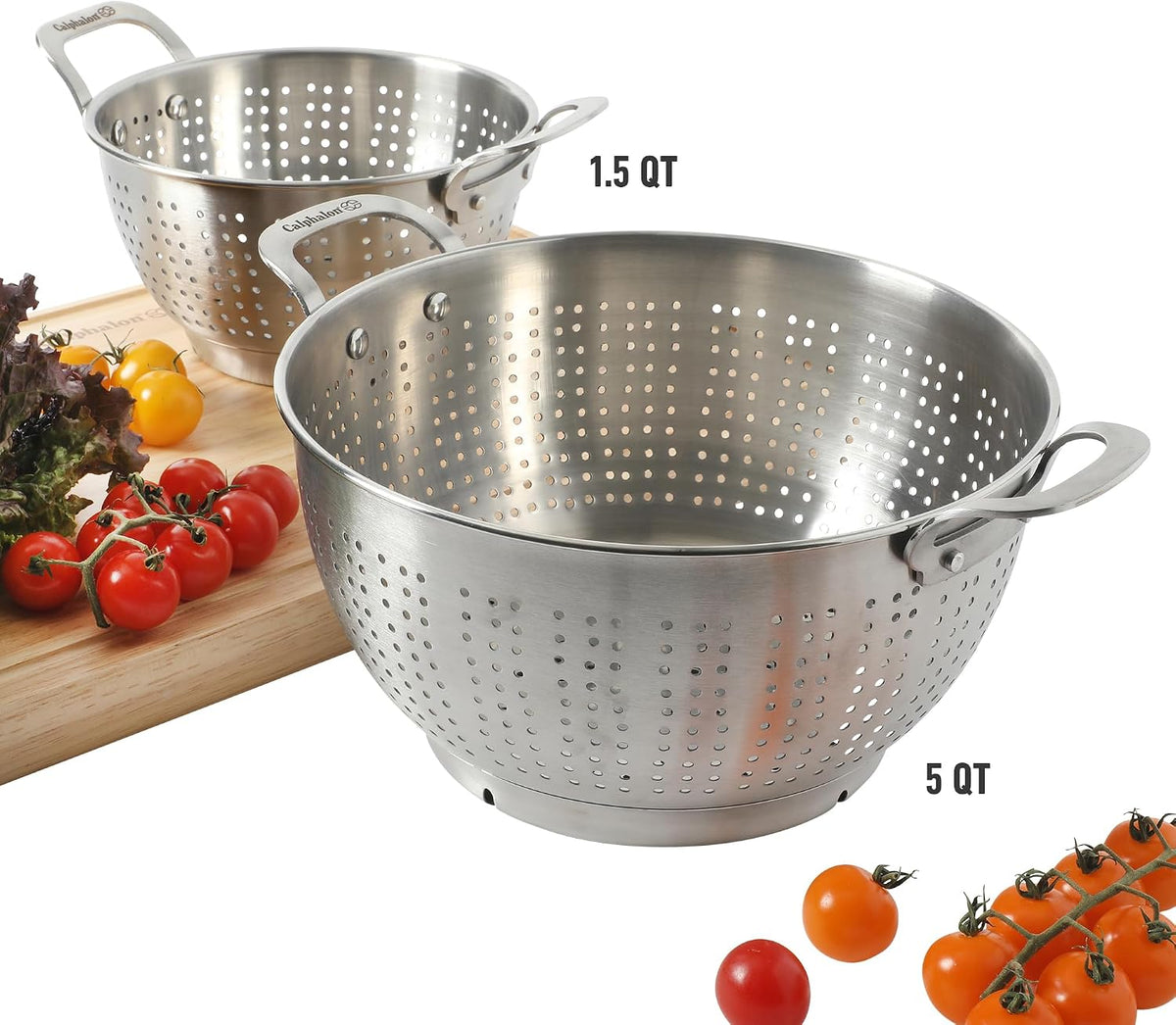 Calphalon Astro Colander Set, 2-Piece Stainless Steel Colander and Strainer, 5 QT & 1.5 QT Pasta Strainer with Handles, Matte Finish Kitchen Colander, Silver