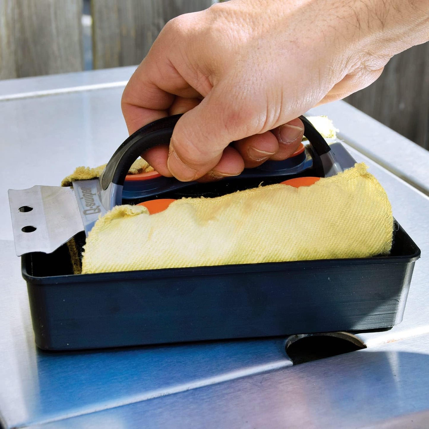 Q-Swiper Steam Clean BBQ Grill Cleaner Set - 1 Grill Brush with Scraper, 2 Heat Resistant Kevlar® Cloths, 1 Tray | Bristle Free | Safe Way to Steam away Grill Grease & Grime