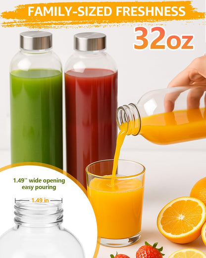 Zukro Glass Juice Bottles with Lids for Juicing 18 oz, Reusable Clear Glass Water Bottles with Stainless Steel Airtight Cap for Refrigerator, 100% Leak Proof Drinking Jar, BPA Free, Set of 6