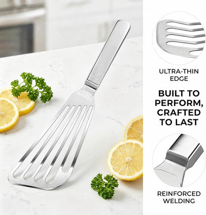 KSENDALO 2 Pack Flexible Fish Spatula Stainless Steel for Kitchen | Egg Turner Flipper, Thin Edged Slotted Angled Blade, 1 Hollow Steel Handle & 1 POM Plastic Handle