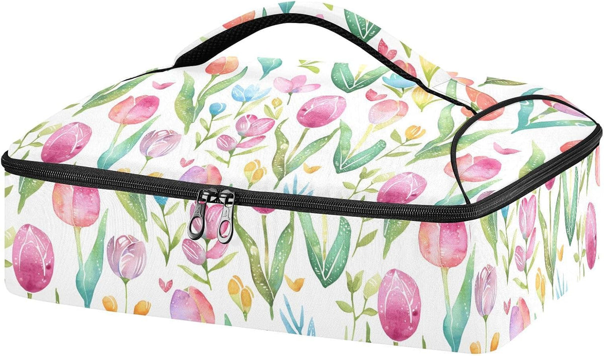 Casserole Carrier Insulated Floral Pink Flower Dish 9x13 with Lid Party Travel Warmer Bag for Hot or Cold Food Lasagna Pizza Holder Tote - Colors B