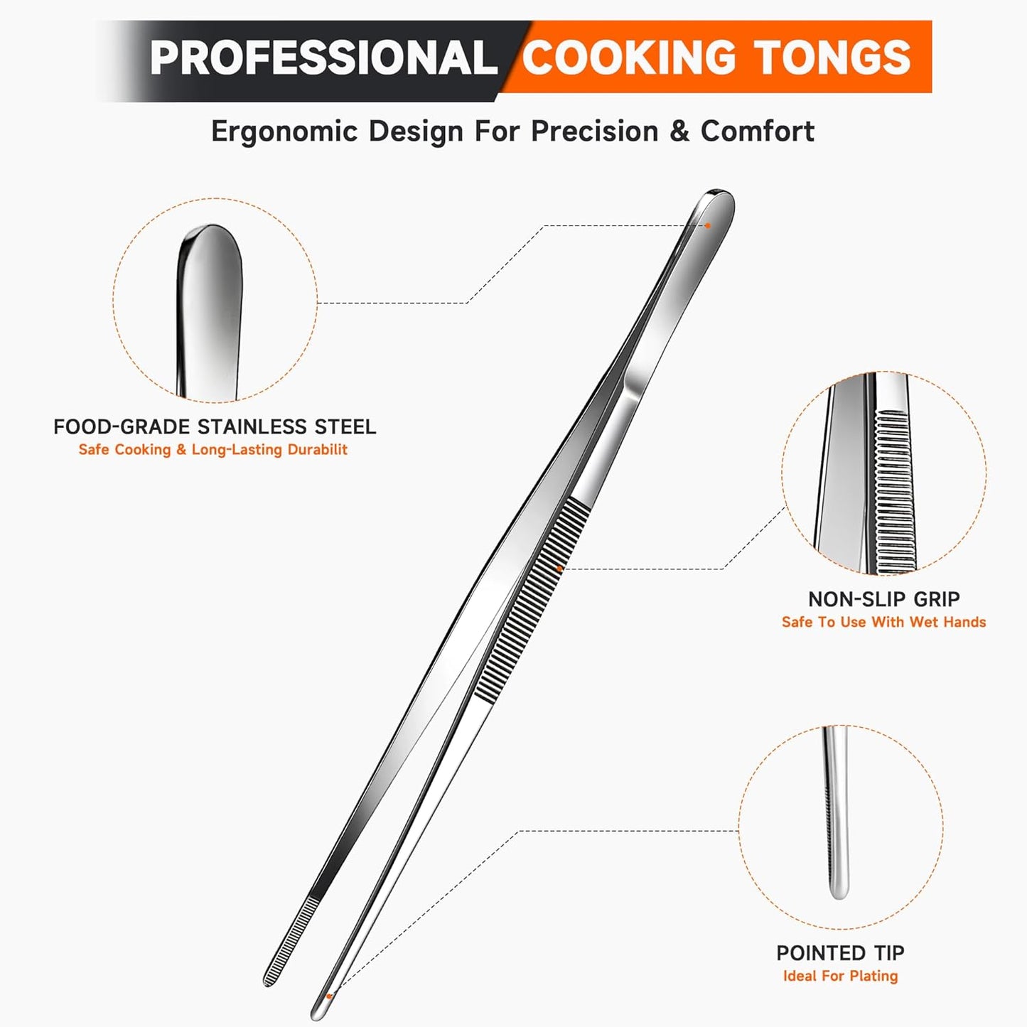 Kitchen Tweezers 2PC Cooking Tongs Set, Stainless Steel Food-Grade 12" Long Tweezers, Pointed & Rounded Tip Metal Tongs for Cooking, Kitchen Gadgets for Grilling, BBQ, Pasta, Food Serving