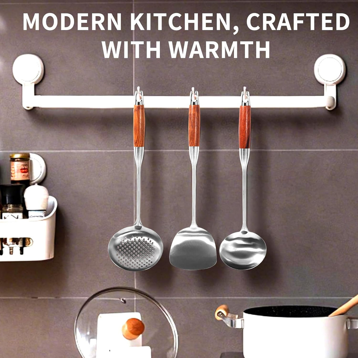 304 Stainless Steel Wok Utensils Set, 3-Piece 15 Inch Extra Long Professional Wok Tools with Wooden Handle, Includes Spatula, Skimmer & Soup Ladle for Carbon Steel Wok