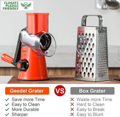 Geedel Rotary Cheese Grater, Kitchen Mandoline Vegetable Slicer with 3 Interchangeable Blades, Easy to Clean Rotary Grater Slicer for Cheese, Vegetables, Nuts