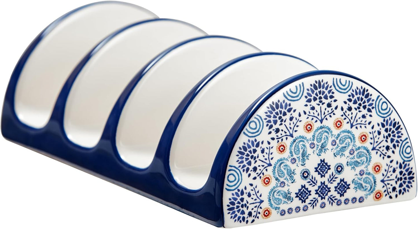 Bico Blue Talavera Ceramic Taco Holder, Taco Stand Rack Tray, Microwave and Dishwasher Safe