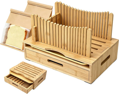 Bamboo Bread Slicer for Homemade Bread, Storage Drawer 2 Bread Bags