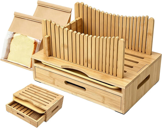 Bamboo Bread Slicer for Homemade Bread, Storage Drawer 2 Bread Bags