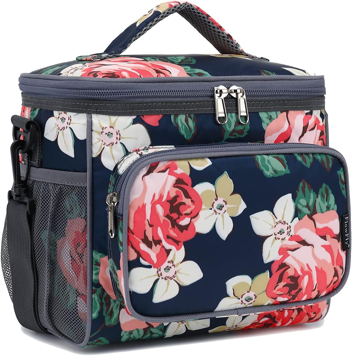 FlowFly Insulated Reusable Lunch Bag Adult Large Lunch Box for Women and Men with Adjustable Shoulder Strap,Front Zipper Pocket and Dual Large Mesh Side Pockets,Cherry - Colors B