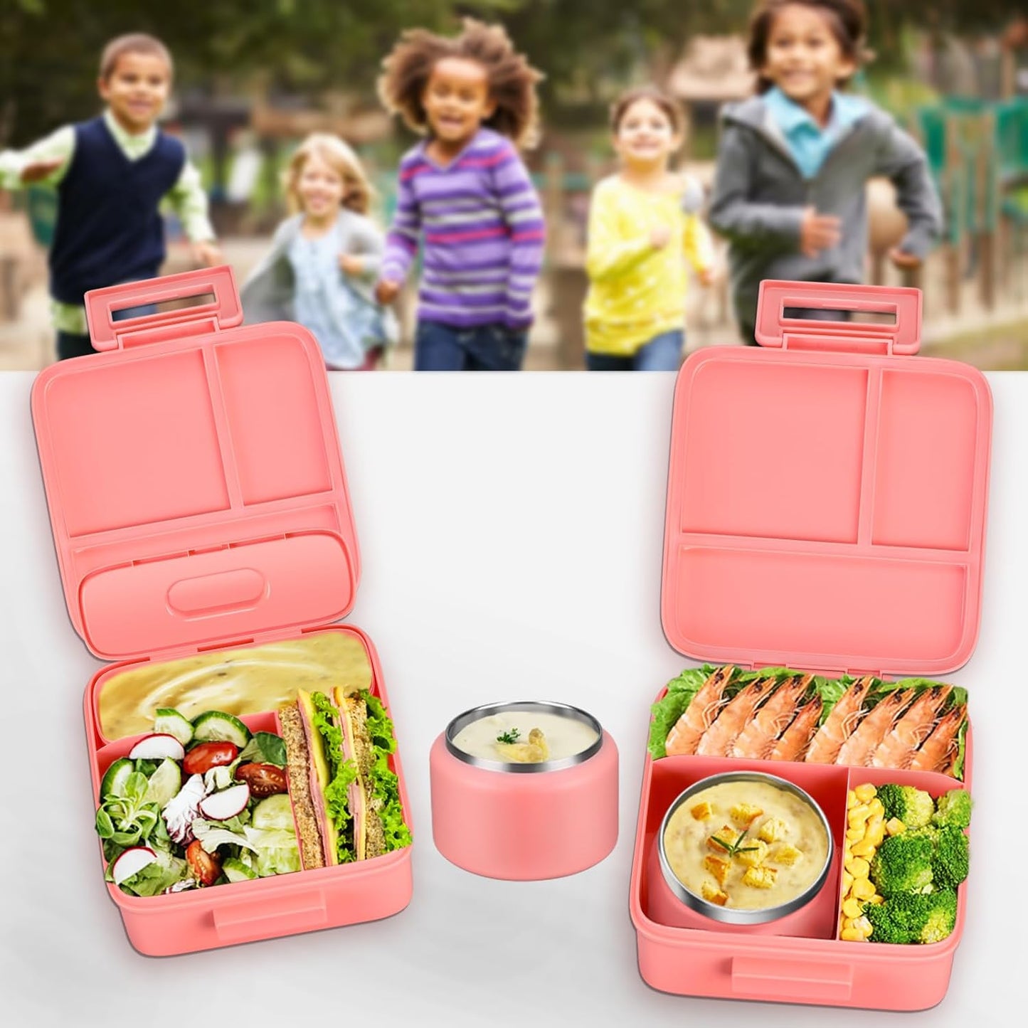 MAISON HUIS Bento Lunch Box with 8oz Soup Thermo and Insulated Lunch Bag, Kids Leakproof Lunch Food Containers with 5 Compartment, Boys Girls Thermo Hot Food Jar for Travel, School, BPA Free (Black)