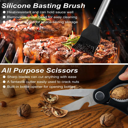 POLIGO 29 PCS BBQ Grill Accessories Stainless Steel BBQ Tools Grilling Tools Set with Storage Bag for Fathers Day Dads Birthday Presents - Camping Grill Utensils Set Ideal Grilling Gifts for Men Brown