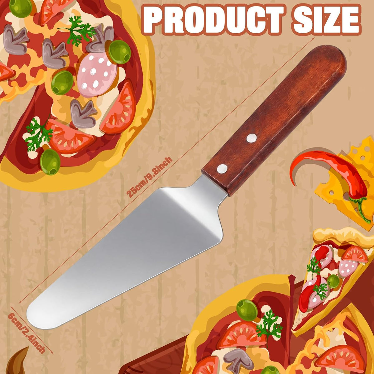 Mifoci 3 Pcs Pizza Spatula Pie Server Stainless Steel Cheese Spatula Set with Handle, Easy to Grip Baking Triangular Spade Cake Cutter Slicers for Cheese Dessert Serving, 9.8 x 2.4 Inches (Wooden)