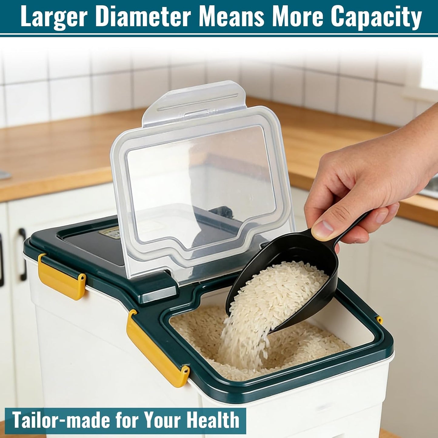 4 Pack Rice Container 25 lbs Large Bulk Flour Sugar Storage Holdhouse Plastic Grain Cereal Dry Goods Bin with Spoon and Measuring Cup for Kitchen Pantry Organization - Green