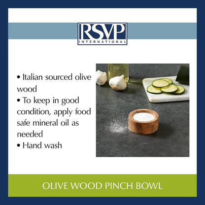 RSVP International Olive Wood Condiment Pinch Bowl, 3" | Rustic, Natural Authentic Italian Olive Wood | Classic Style for Kitchens, Tables, & More | Functional for Salts, Peppers, & Herbs