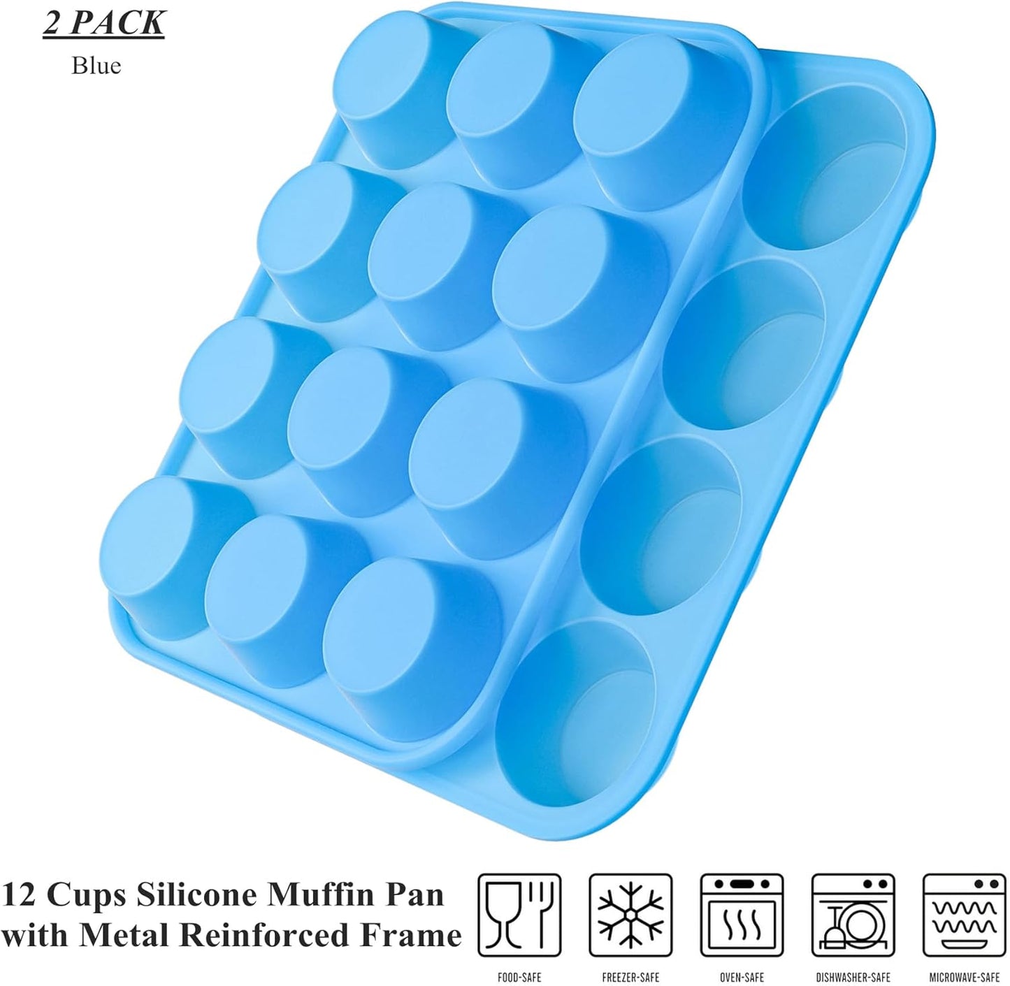 Bangp 12-Cup Silicone Muffin Pan with Metal Reinforced Frame,2 Pack Regular Size Cupcake Pan,Premium Non-Stick Bend Resistance Silicone Molds for Making Muffin,Cakes,Tart,Egg Bites (Red)