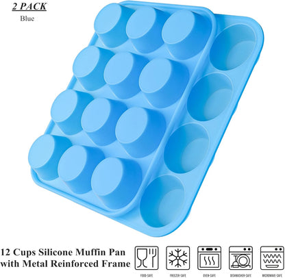 Bangp 12-Cup Silicone Muffin Pan with Metal Reinforced Frame,2 Pack Regular Size Cupcake Pan,Premium Non-Stick Bend Resistance Silicone Molds for Making Muffin,Cakes,Tart,Egg Bites (Red)