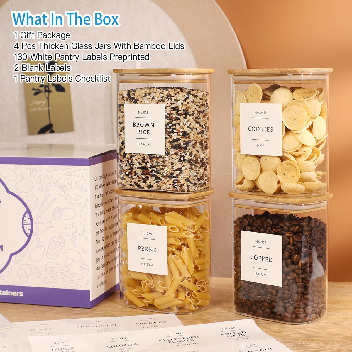 2 Pack large Square Glass Flour and Sugar Containers with 132 Kitchen Pantry Labels - 149 floz & 71 floz - Glass Jars with Airtight Bamboo Lid - Glass Rice Canisters for Coffee, Pasta, Cookie, Cereal