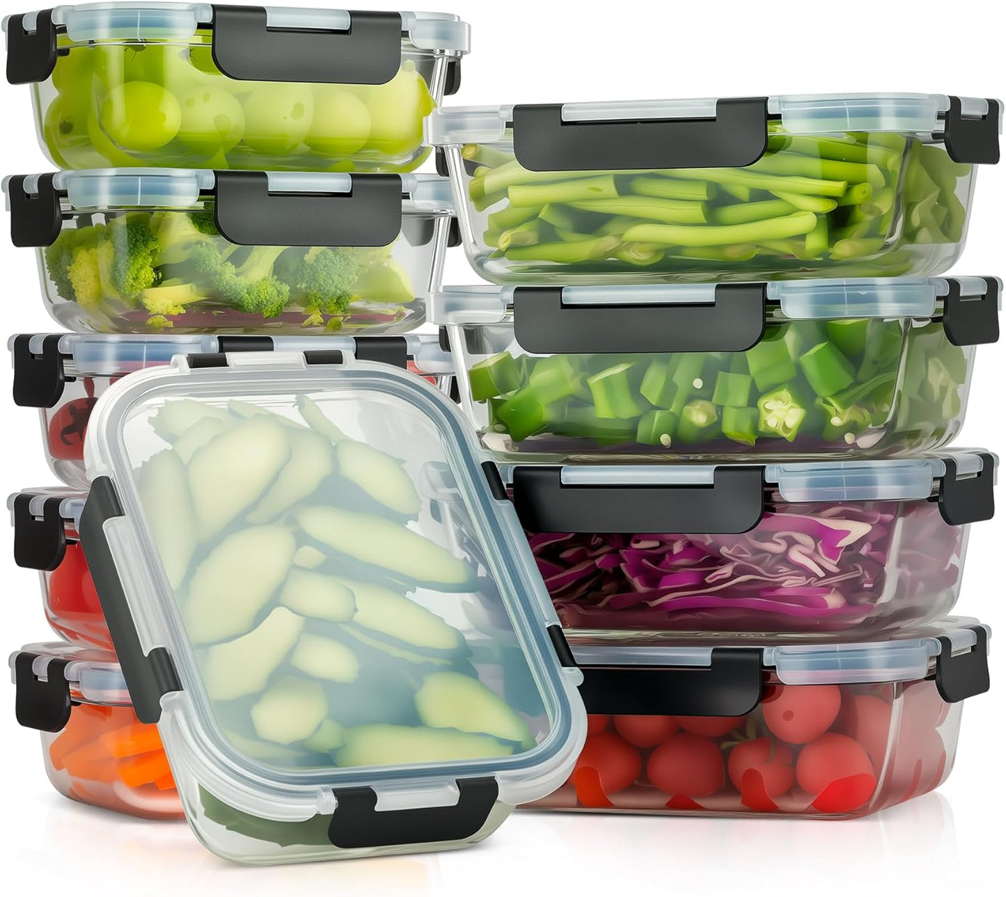 5-Piece Set, 36 oz Glass Meal Prep Containers with Snap-Lock Lids, Airtight Lunch Containers, Microwave, Oven, Refrigerator & Dishwasher Safe,Black