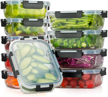 5-Piece Set, 36 oz Glass Meal Prep Containers with Snap-Lock Lids, Airtight Lunch Containers, Microwave, Oven, Refrigerator & Dishwasher Safe,Black